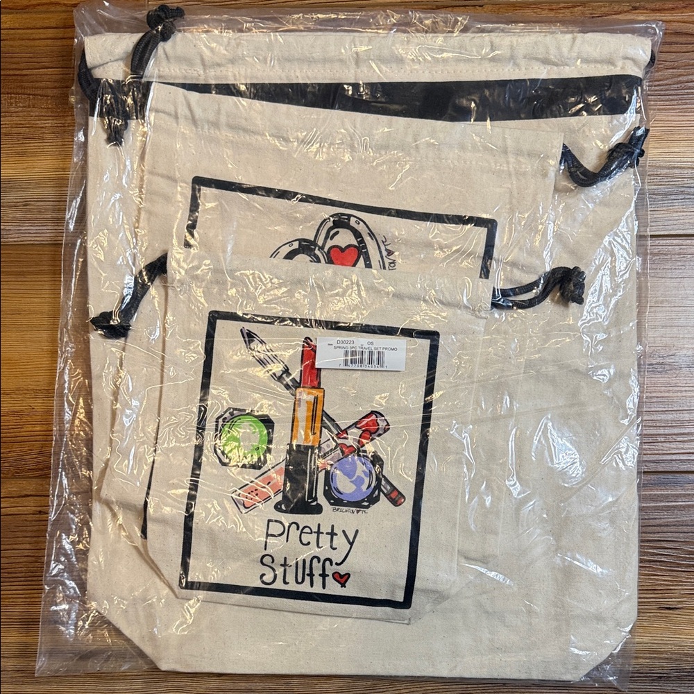 NIP Brighton Set of 3 Canvas Travel Totes with Makeup Illustration